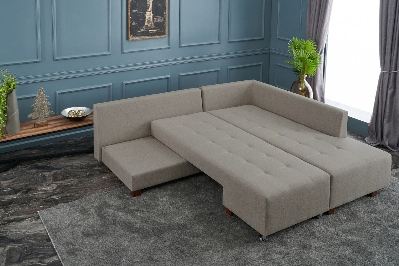 Sofá-cama de canto moderno, creme, 280 cm | 100% poliéster, espuma 32 DNS, fácil de limpar | Design escandinavo elegante, perfeito para salas de estar e espaços de hóspedes