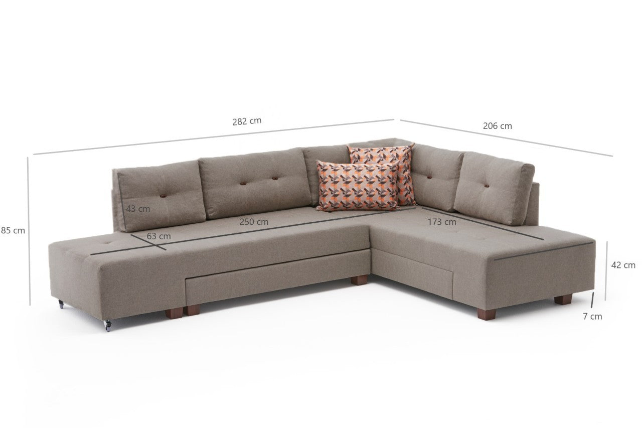Sofá-cama de canto moderno, creme, 280 cm | 100% poliéster, espuma 32 DNS, fácil de limpar | Design escandinavo elegante, perfeito para salas de estar e espaços de hóspedes
