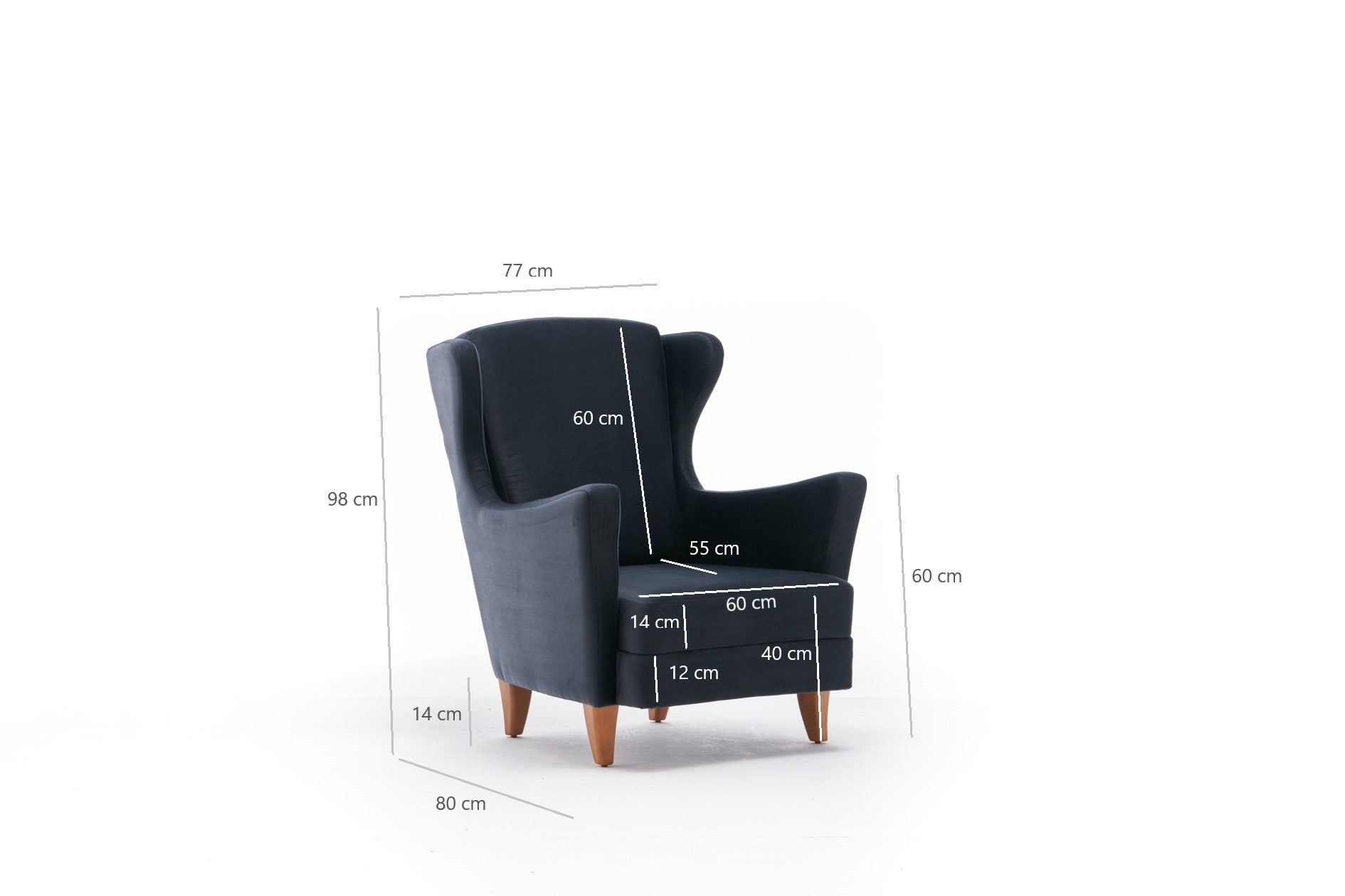 Poltrona Elegante – 77 cm L x 98 cm A x 80 cm P – Antracite – Veludo 100% poliéster