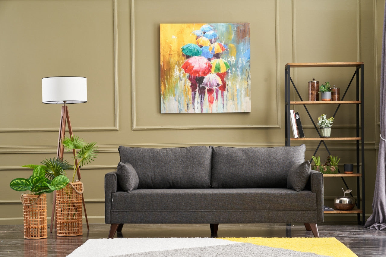 Sofá moderno de 3 lugares, antracite, 208 x 85 x 81 cm | Estrutura em madeira de abeto e MDF, 100% poliéster, tecido fácil de limpar | Design escandinavo elegante para residências e hotéis