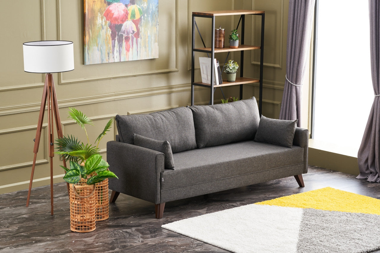 Sofá moderno de 3 lugares, antracite, 208 x 85 x 81 cm | Estrutura em madeira de abeto e MDF, 100% poliéster, tecido fácil de limpar | Design escandinavo elegante para residências e hotéis
