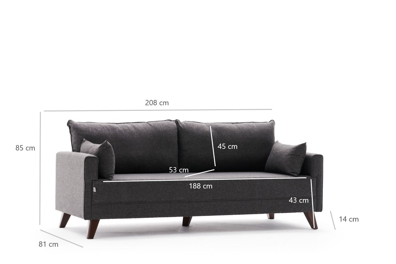 Sofá-cama moderno de 3 lugares, antracite, 208 x 85 x 81 cm | Estrutura em madeira de abeto e MDF, 100% poliéster, fácil de limpar | Perfeito para salas de estar e quartos de hóspedes elegantes