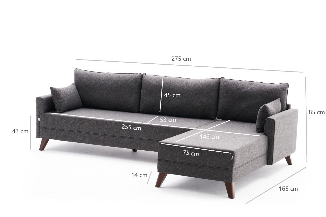 Sofá de canto moderno, antracite, 275 cm | Estrutura em madeira de abeto e MDF, 100% poliéster, fácil de limpar | Design escandinavo elegante para o conforto da sala de estar