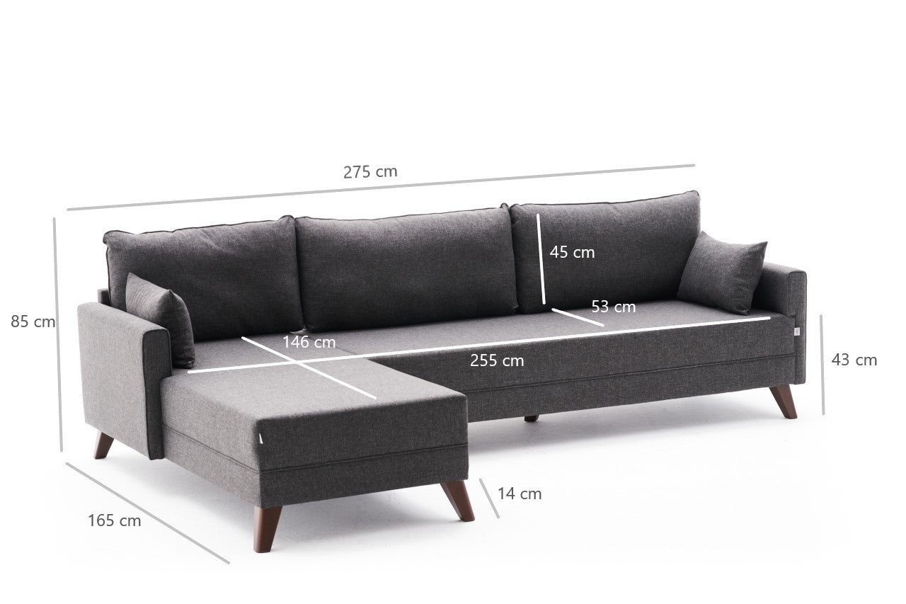 Sofá de canto moderno, antracite, 275 cm | Estrutura em madeira de abeto e MDF, 100% poliéster, fácil de limpar | Design escandinavo elegante para o conforto da sala de estar