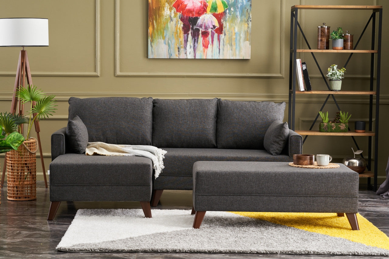 Sofá-cama de canto moderno, antracite, 205 cm | Estrutura em madeira de abeto e MDF, 100% poliéster, fácil de limpar | Tamanho da cama: 190 x 140 cm, design elegante e funcional