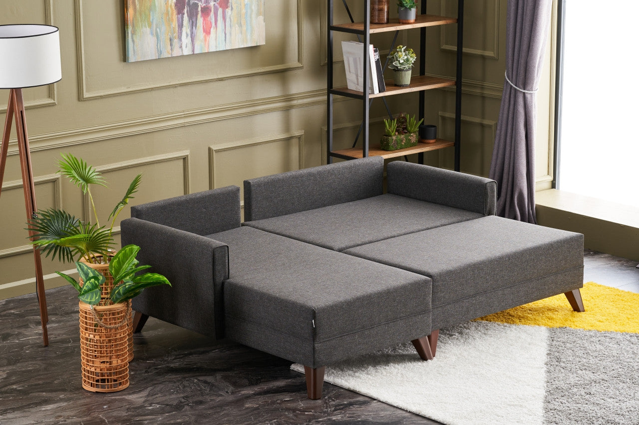 Sofá-cama de canto moderno, antracite, 205 cm | Estrutura em madeira de abeto e MDF, 100% poliéster, fácil de limpar | Tamanho da cama: 190 x 140 cm, design elegante e funcional