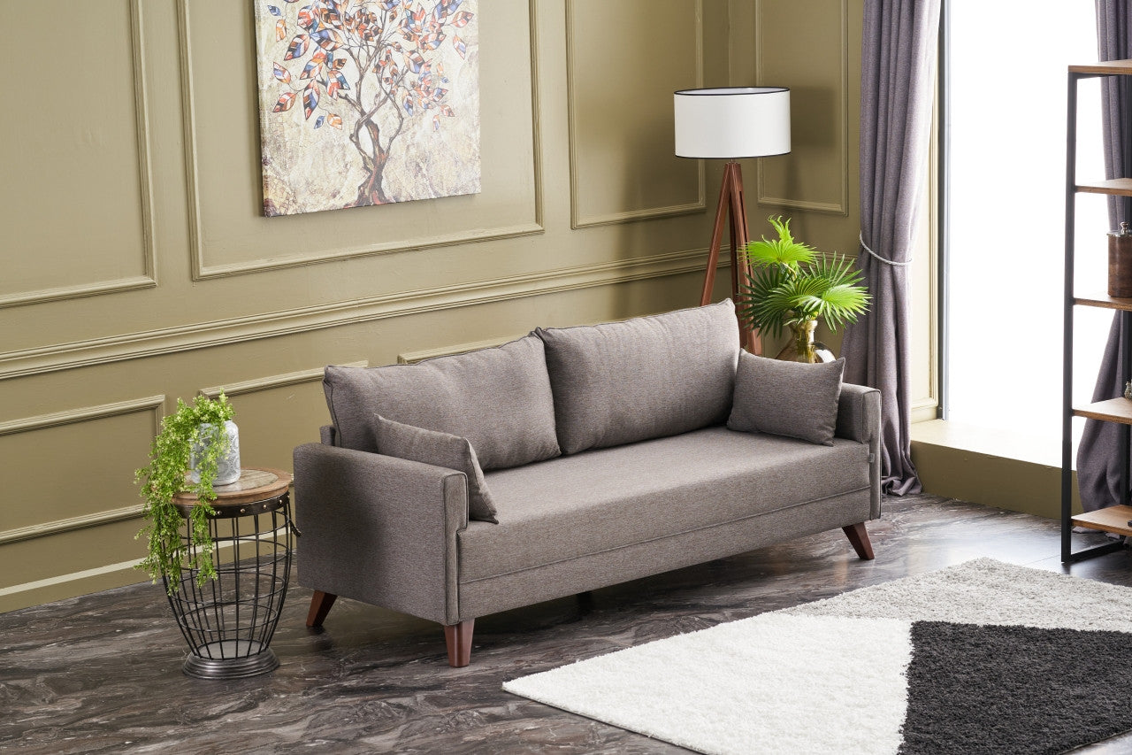 Sofá moderno de 3 lugares, marrom, 208 cm | Estrutura em madeira de abeto e MDF, 100% poliéster, fácil de limpar | Perfeito para salas de estar de hotéis e em estilo escandinavo