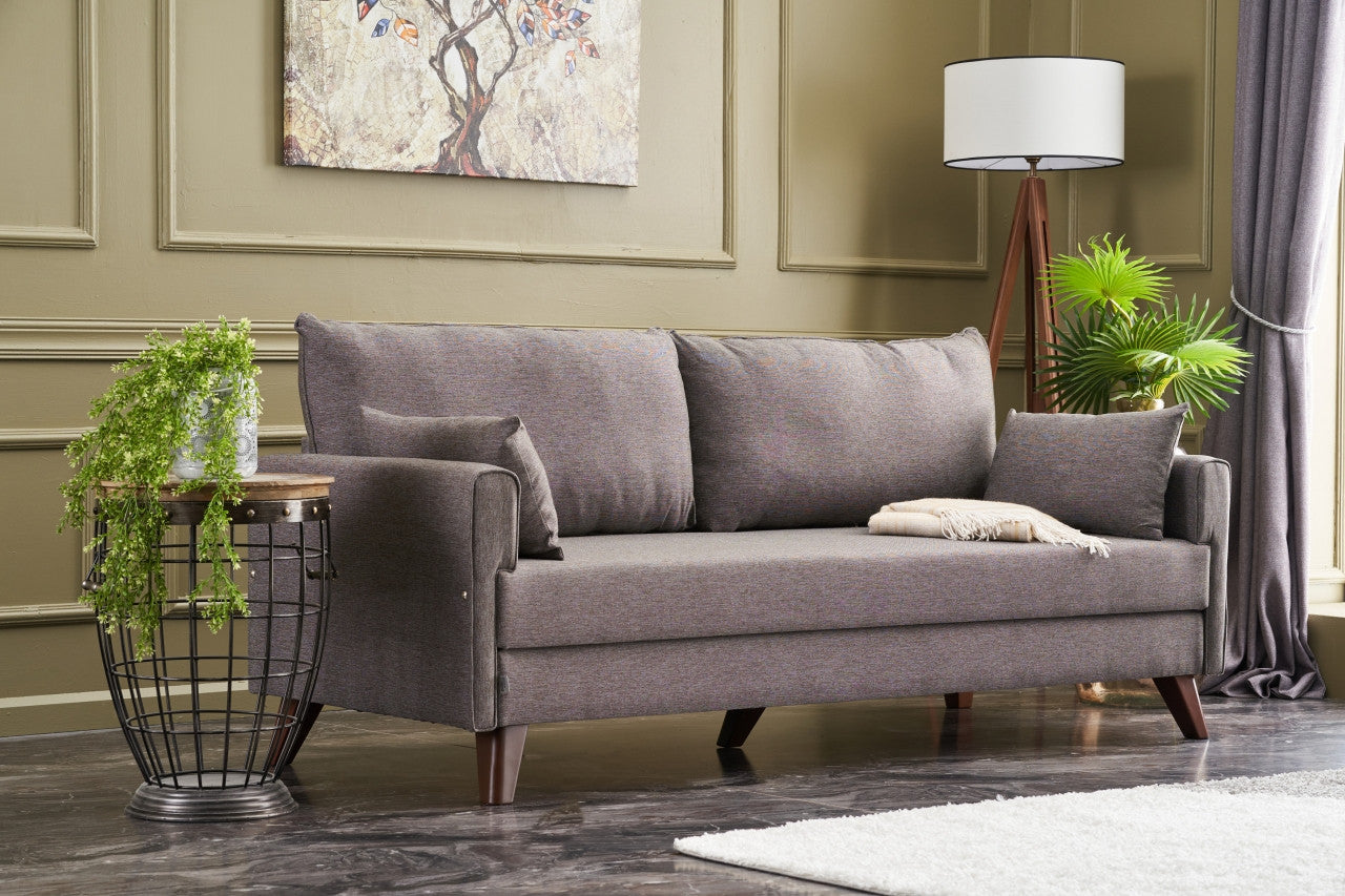 Sofá-cama moderno de 3 lugares, marrom, 208 cm | Estrutura em madeira de abeto e MDF, 100% poliéster, fácil de limpar | Converte-se em cama de 190 x 150 cm, design elegante e funcional