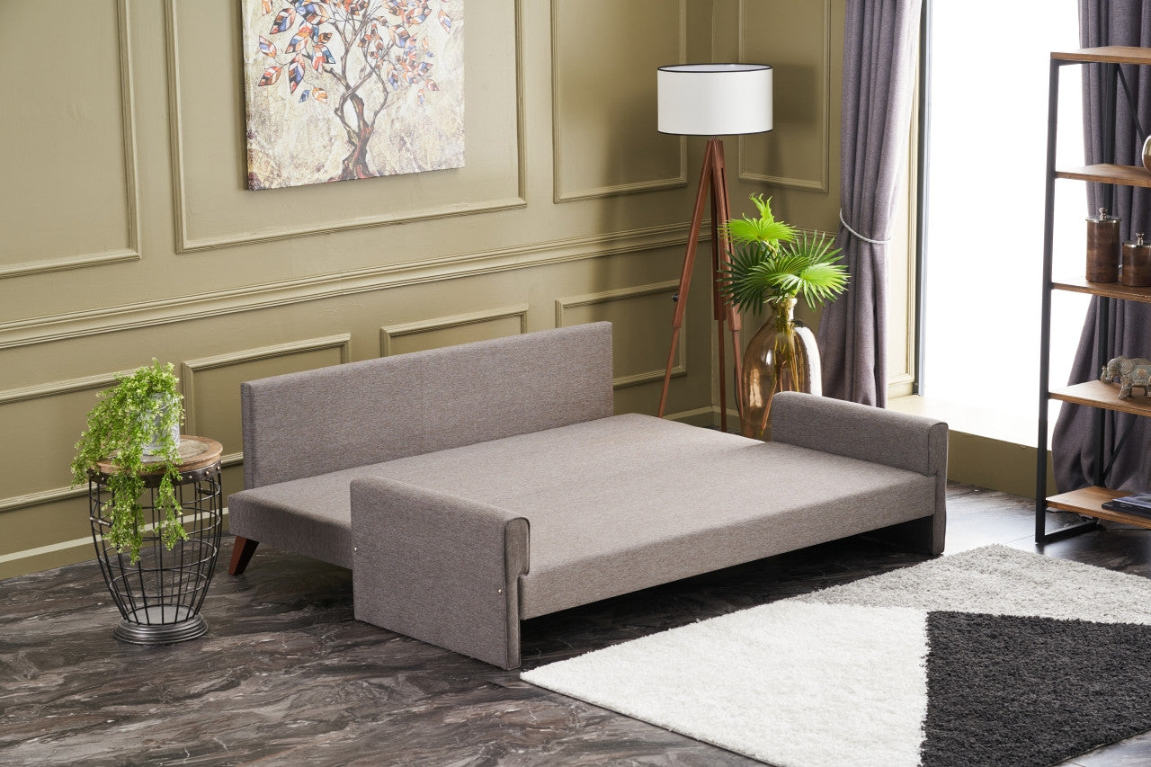 Sofá-cama moderno de 3 lugares, marrom, 208 cm | Estrutura em madeira de abeto e MDF, 100% poliéster, fácil de limpar | Converte-se em cama de 190 x 150 cm, design elegante e funcional