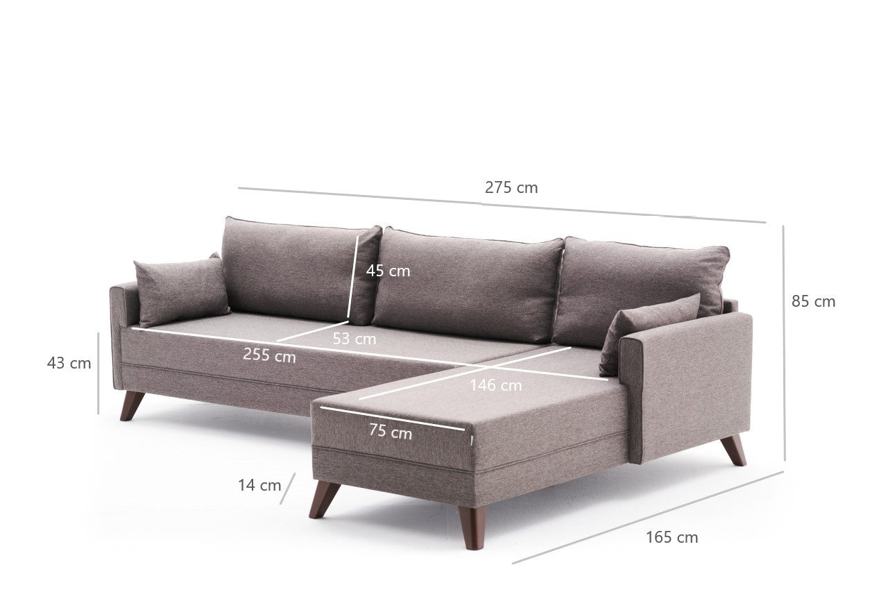 Sofá de canto moderno, marrom, 275 cm | Estrutura em madeira de abeto e MDF, 100% poliéster, tecido fácil de limpar | Design escandinavo elegante para o conforto da sala de estar