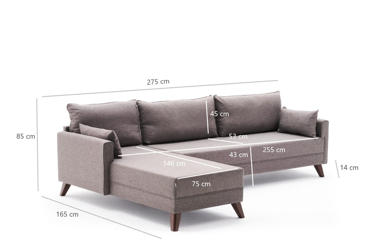 Sofá de canto moderno, marrom, 275 cm | Estrutura em madeira de abeto e MDF, 100% poliéster, tecido fácil de limpar | Design escandinavo elegante para o conforto da sala de estar