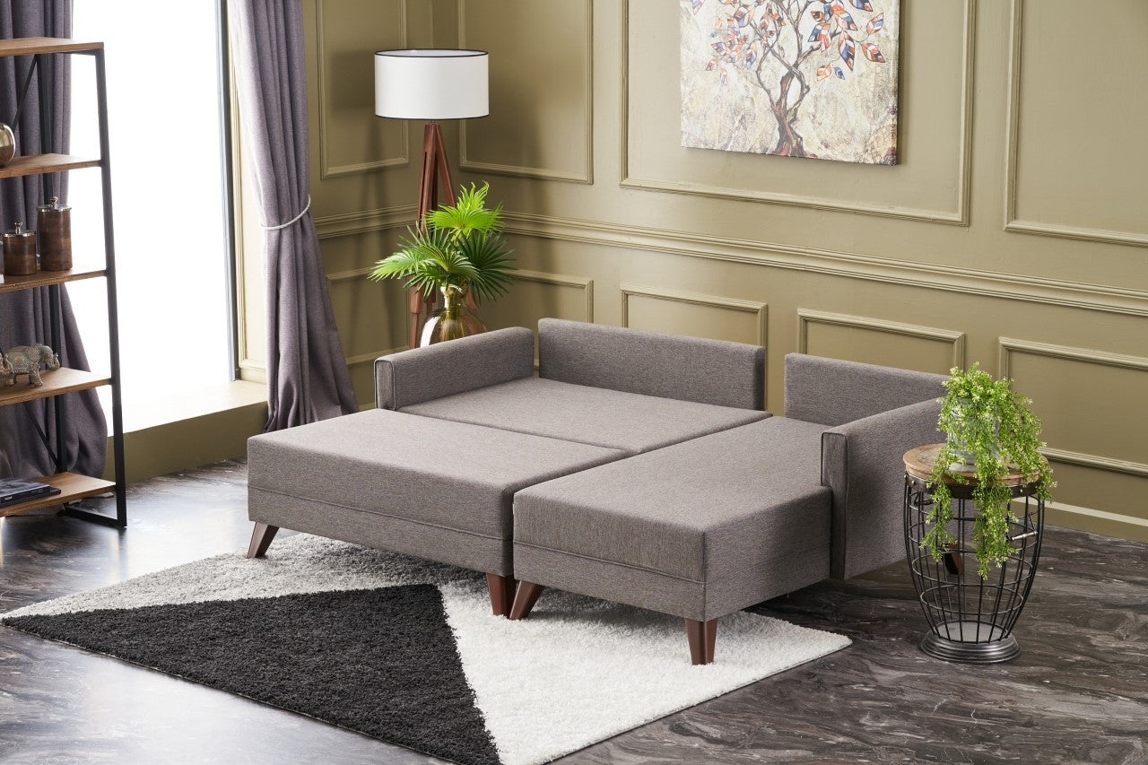 Sofá-cama de canto moderno, marrom, 205 cm | Estrutura em madeira de abeto e MDF, 100% poliéster, fácil de limpar | Tamanho da cama: 190 x 140 cm, design elegante e funcional