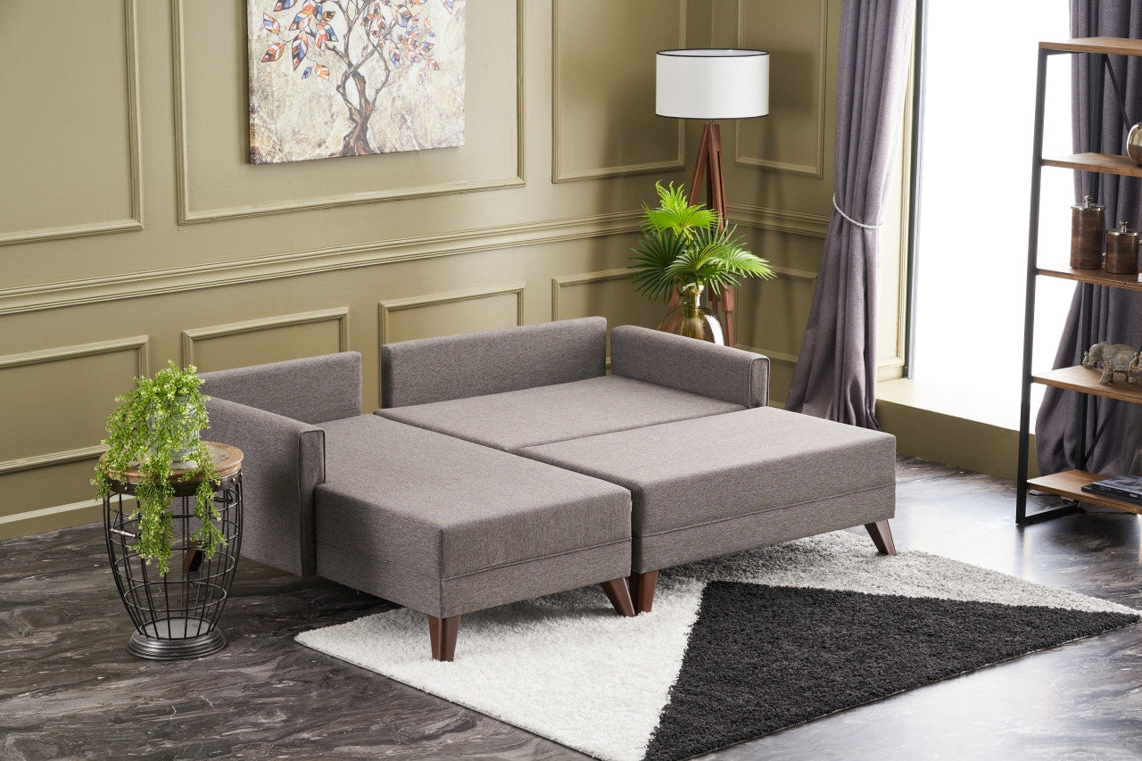 Sofá-cama de canto moderno, marrom, 205 cm | Estrutura em madeira de abeto e MDF, 100% poliéster, fácil de limpar | Tamanho da cama: 190 x 140 cm, design elegante e funcional