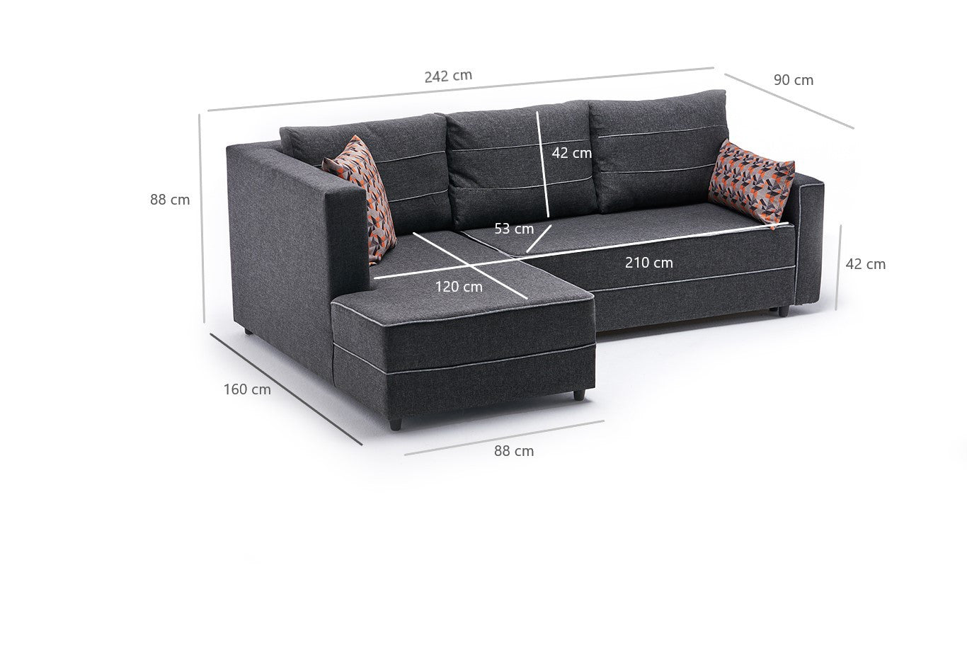Sofá-cama de canto moderno, antracite, 242 cm | Estrutura em madeira de abeto e MDF, 100% poliéster, fácil de limpar | Tamanho da cama: 200 x 150 cm, design elegante e funcional