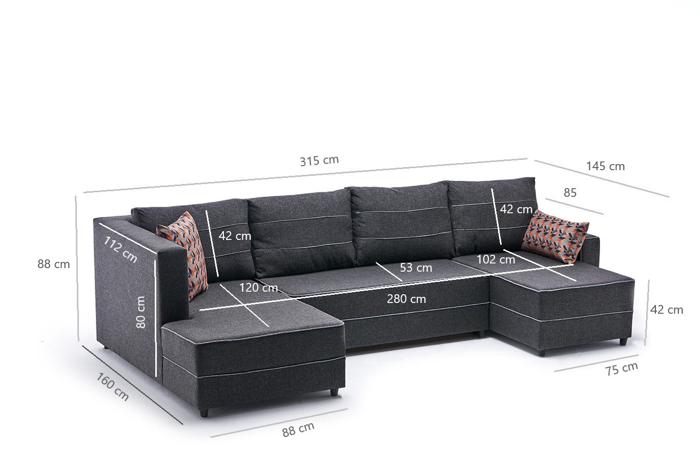 Sofá-cama de canto moderno, antracite, 315 cm | Estrutura em madeira de abeto e MDF, 100% poliéster, fácil de limpar | Tamanho da cama: 200 x 150 cm, design elegante e funcional