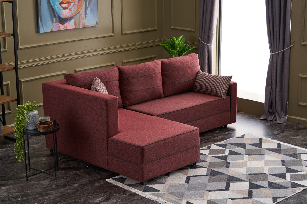 Sofá-cama de canto vermelho Claret, 242 cm | Estrutura em madeira de abeto e MDF, 100% poliéster | Fácil de limpar, design moderno, tamanho da cama: 200 x 150 cm, assentos confortáveis
