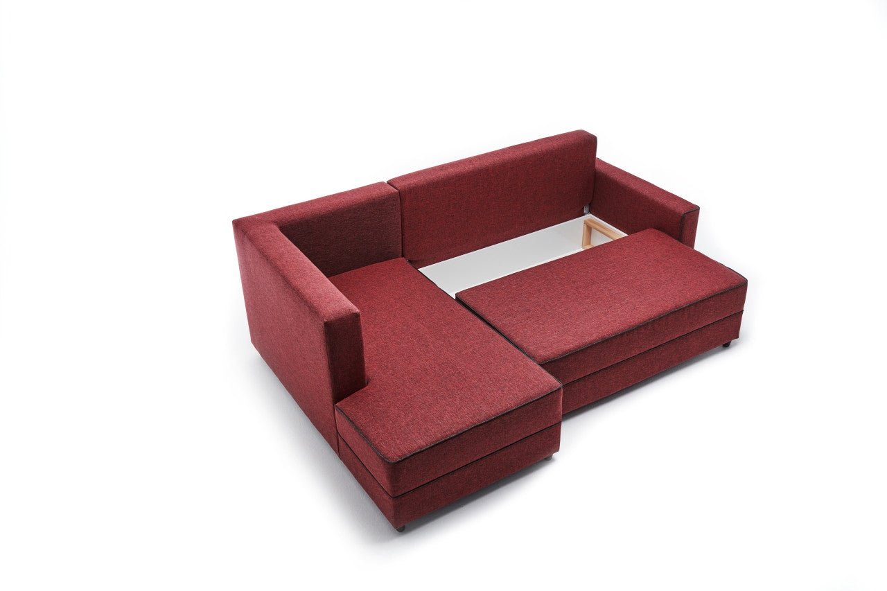 Sofá-cama de canto vermelho Claret, 242 cm | Estrutura em madeira de abeto e MDF, 100% poliéster | Fácil de limpar, design moderno, tamanho da cama: 200 x 150 cm, assentos confortáveis