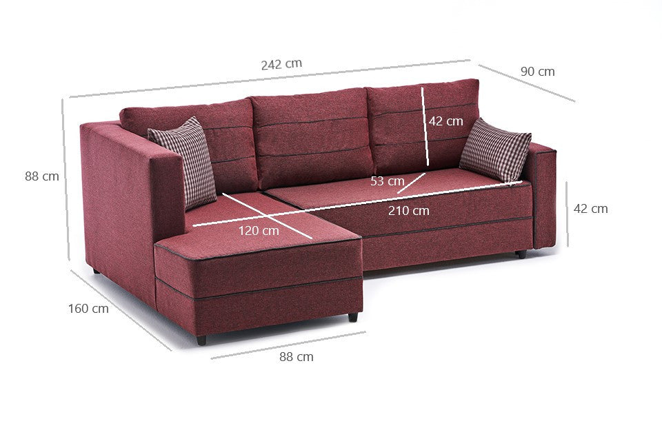 Sofá-cama de canto vermelho Claret, 242 cm | Estrutura em madeira de abeto e MDF, 100% poliéster | Fácil de limpar, design moderno, tamanho da cama: 200 x 150 cm, assentos confortáveis