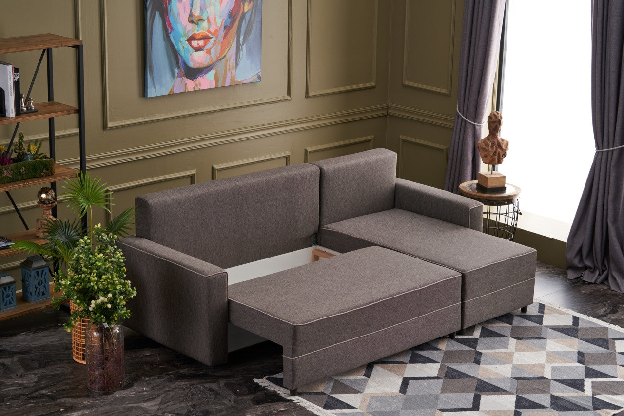 Sofá-cama de canto moderno, marrom, 242 cm | Estrutura em madeira de abeto e MDF, 100% poliéster, fácil de limpar | Tamanho da cama: 200 x 150 cm, design elegante e funcional