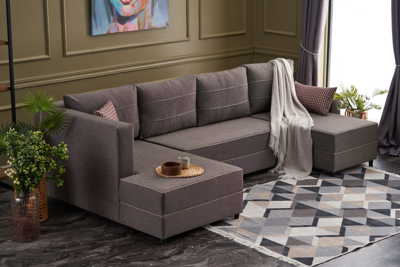 Sofá-cama de canto moderno, marrom, 315 cm | Estrutura em madeira de abeto e MDF, 100% poliéster, fácil de limpar | Tamanho da cama: 200 x 150 cm, design escandinavo elegante
