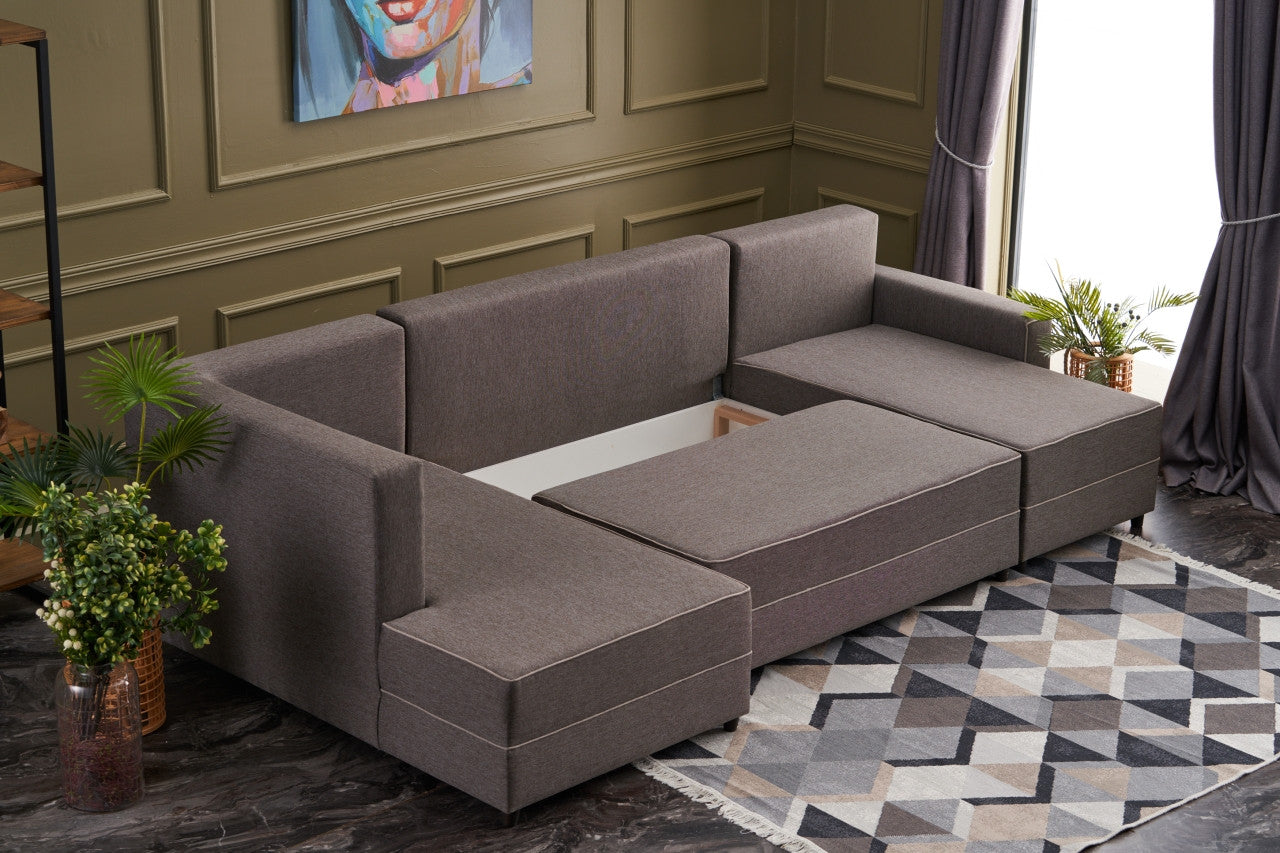 Sofá-cama de canto moderno, marrom, 315 cm | Estrutura em madeira de abeto e MDF, 100% poliéster, fácil de limpar | Tamanho da cama: 200 x 150 cm, design escandinavo elegante