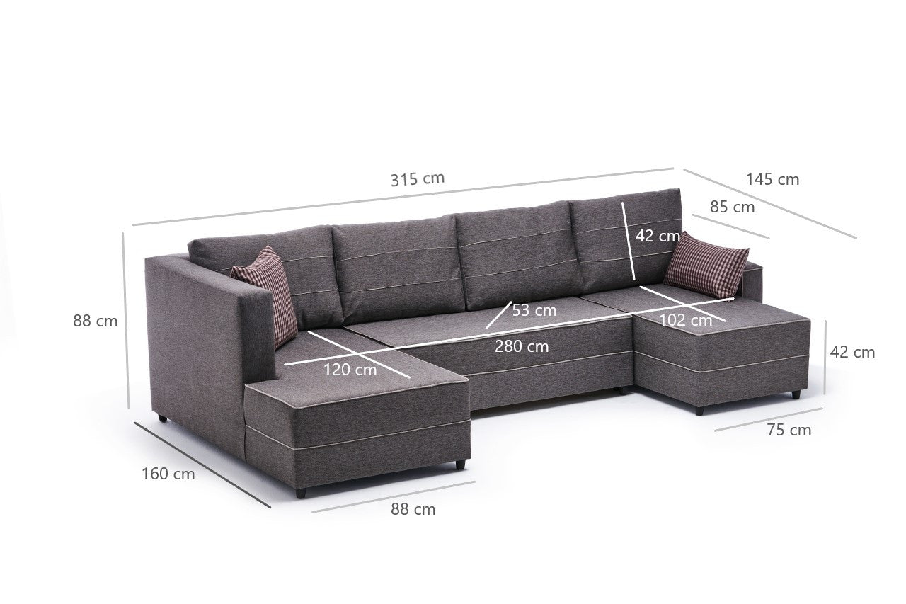 Sofá-cama de canto moderno, marrom, 315 cm | Estrutura em madeira de abeto e MDF, 100% poliéster, fácil de limpar | Tamanho da cama: 200 x 150 cm, design escandinavo elegante