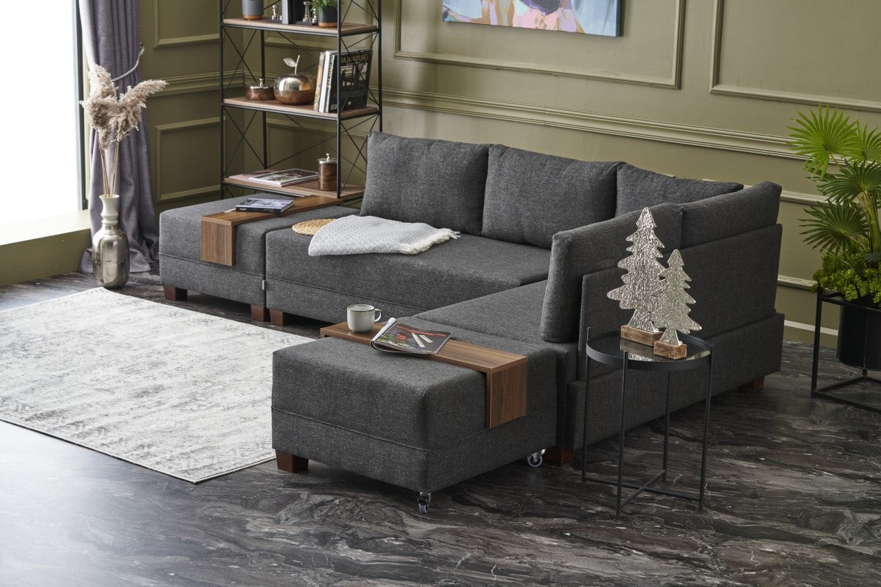 Sofá-cama de canto moderno, antracite, 210 x 280 cm | Estrutura de madeira, 100% algodão e poliéster, espuma 32 DNS | Elegante e funcional para qualquer espaço
