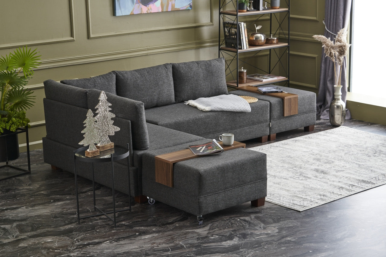 Sofá-cama de canto moderno, antracite, 210 x 280 cm | Estrutura de madeira, 100% algodão e poliéster, espuma 32 DNS | Elegante e funcional para qualquer espaço