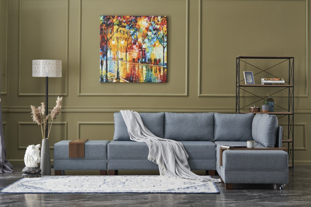 Sofá-cama de canto moderno, azul, 210 x 280 cm | Estrutura de madeira e painel de partículas revestido de melamina | Tecido 100% algodão e poliéster | Design escandinavo elegante