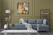 Sofá-cama de canto moderno, azul, 210 x 280 cm | Estrutura de madeira e painel de partículas revestido de melamina | Tecido 100% algodão e poliéster | Design escandinavo elegante