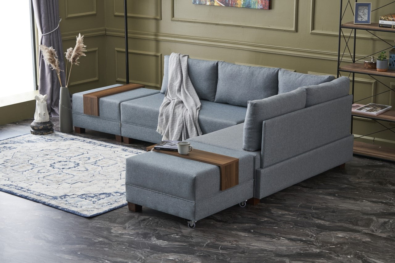 Sofá-cama de canto moderno, azul, 210 x 280 cm | Estrutura de madeira e painel de partículas revestido de melamina | Tecido 100% algodão e poliéster | Design escandinavo elegante