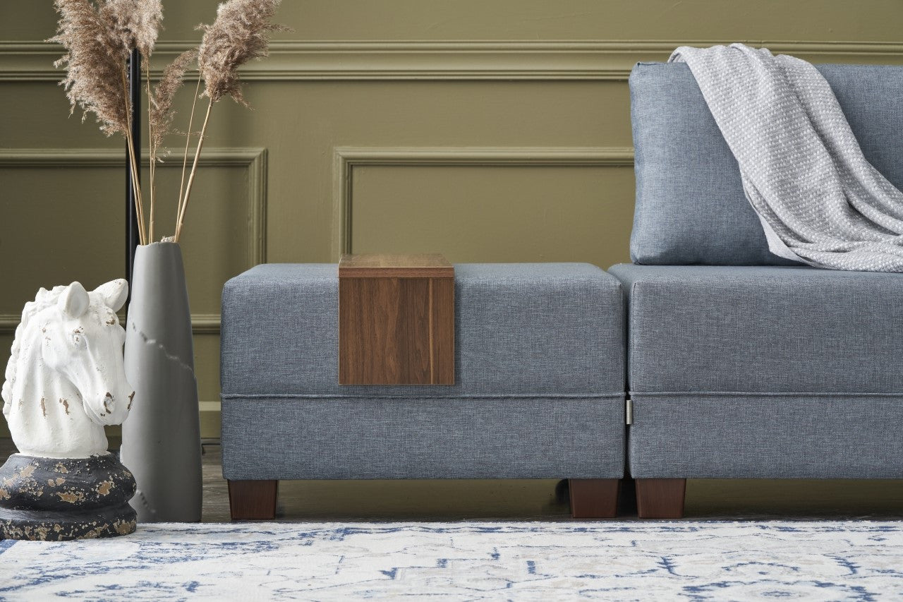 Sofá-cama de canto moderno, azul, 210 x 280 cm | Estrutura de madeira e painel de partículas revestido de melamina | Tecido 100% algodão e poliéster | Design escandinavo elegante