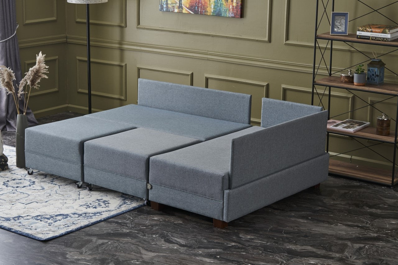 Sofá-cama de canto moderno, azul, 210 x 280 cm | Estrutura de madeira e painel de partículas revestido de melamina | Tecido 100% algodão e poliéster | Design escandinavo elegante