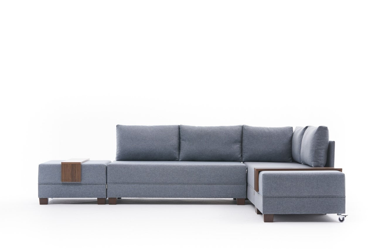 Sofá-cama de canto moderno, azul, 210 x 280 cm | Estrutura de madeira e painel de partículas revestido de melamina | Tecido 100% algodão e poliéster | Design escandinavo elegante