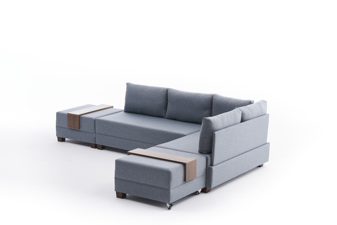 Sofá-cama de canto moderno, azul, 210 x 280 cm | Estrutura de madeira e painel de partículas revestido de melamina | Tecido 100% algodão e poliéster | Design escandinavo elegante