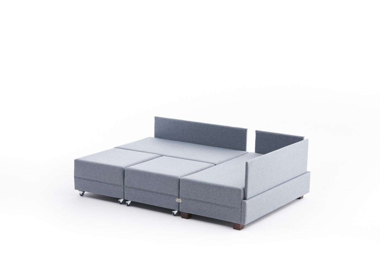 Sofá-cama de canto moderno, azul, 210 x 280 cm | Estrutura de madeira e painel de partículas revestido de melamina | Tecido 100% algodão e poliéster | Design escandinavo elegante