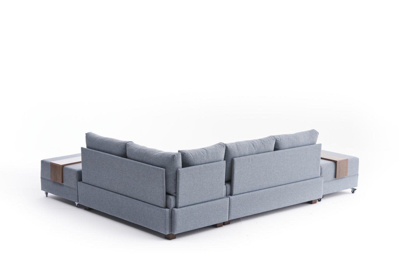 Sofá-cama de canto moderno, azul, 210 x 280 cm | Estrutura de madeira e painel de partículas revestido de melamina | Tecido 100% algodão e poliéster | Design escandinavo elegante