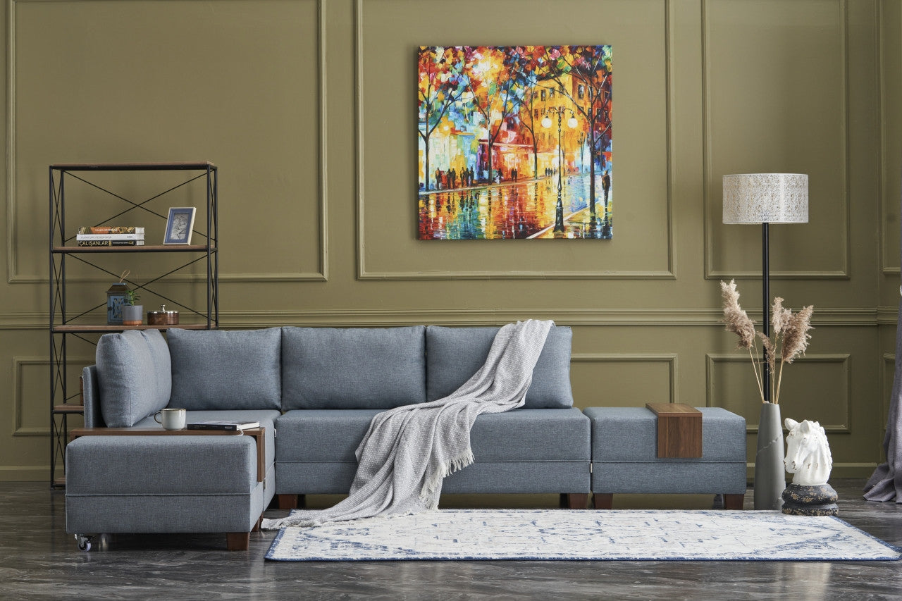 Sofá-cama de canto moderno, azul, 210 x 280 cm | Estrutura de madeira e painel de partículas revestido de melamina | Tecido 100% algodão e poliéster | Design escandinavo elegante