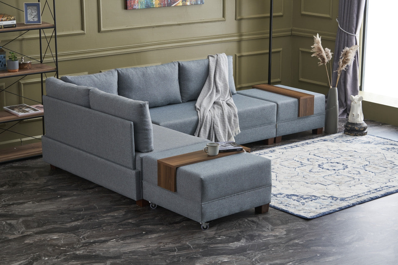 Sofá-cama de canto moderno, azul, 210 x 280 cm | Estrutura de madeira e painel de partículas revestido de melamina | Tecido 100% algodão e poliéster | Design escandinavo elegante
