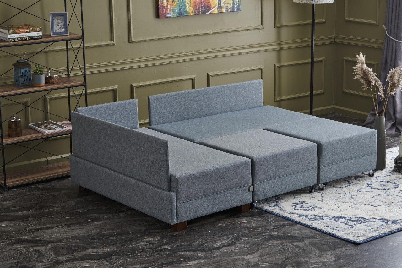Sofá-cama de canto moderno, azul, 210 x 280 cm | Estrutura de madeira e painel de partículas revestido de melamina | Tecido 100% algodão e poliéster | Design escandinavo elegante