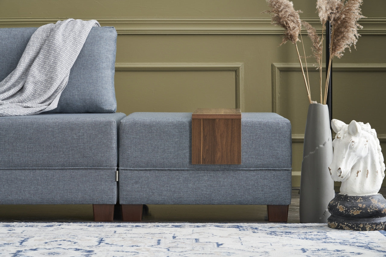 Sofá-cama de canto moderno, azul, 210 x 280 cm | Estrutura de madeira e painel de partículas revestido de melamina | Tecido 100% algodão e poliéster | Design escandinavo elegante