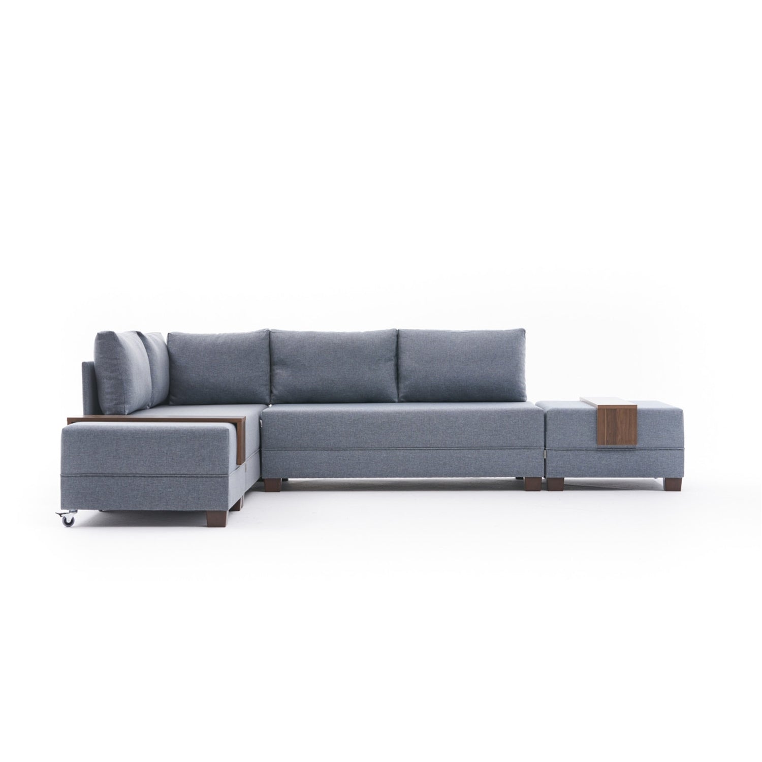 Sofá-cama de canto moderno, azul, 210 x 280 cm | Estrutura de madeira e painel de partículas revestido de melamina | Tecido 100% algodão e poliéster | Design escandinavo elegante