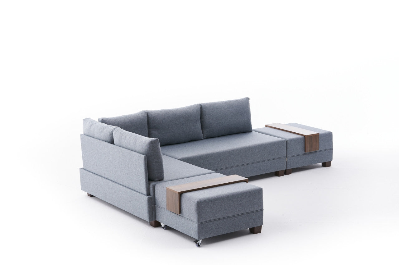 Sofá-cama de canto moderno, azul, 210 x 280 cm | Estrutura de madeira e painel de partículas revestido de melamina | Tecido 100% algodão e poliéster | Design escandinavo elegante