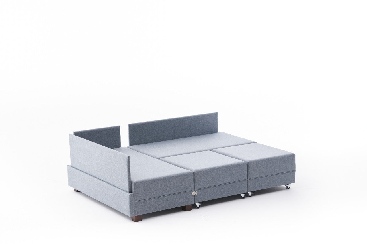 Sofá-cama de canto moderno, azul, 210 x 280 cm | Estrutura de madeira e painel de partículas revestido de melamina | Tecido 100% algodão e poliéster | Design escandinavo elegante