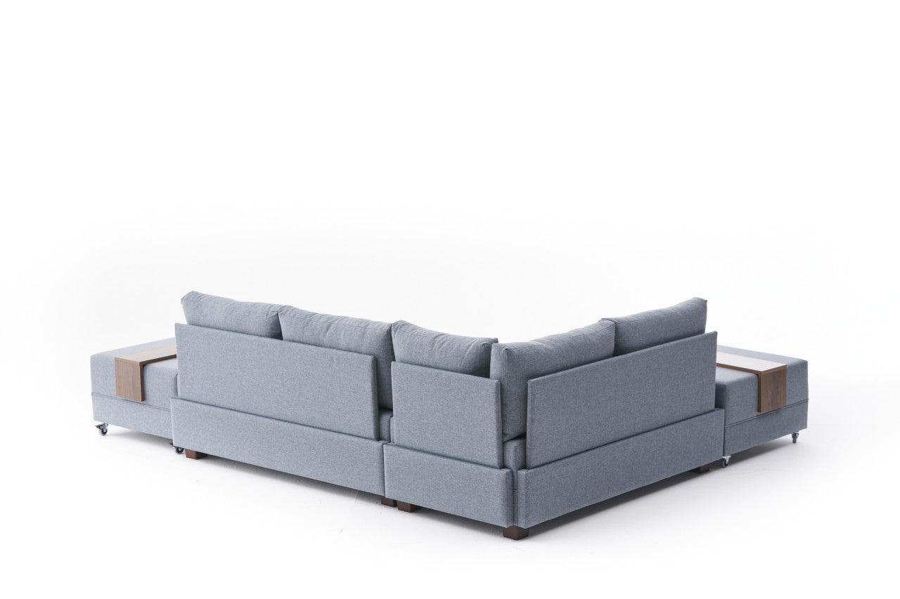 Sofá-cama de canto moderno, azul, 210 x 280 cm | Estrutura de madeira e painel de partículas revestido de melamina | Tecido 100% algodão e poliéster | Design escandinavo elegante