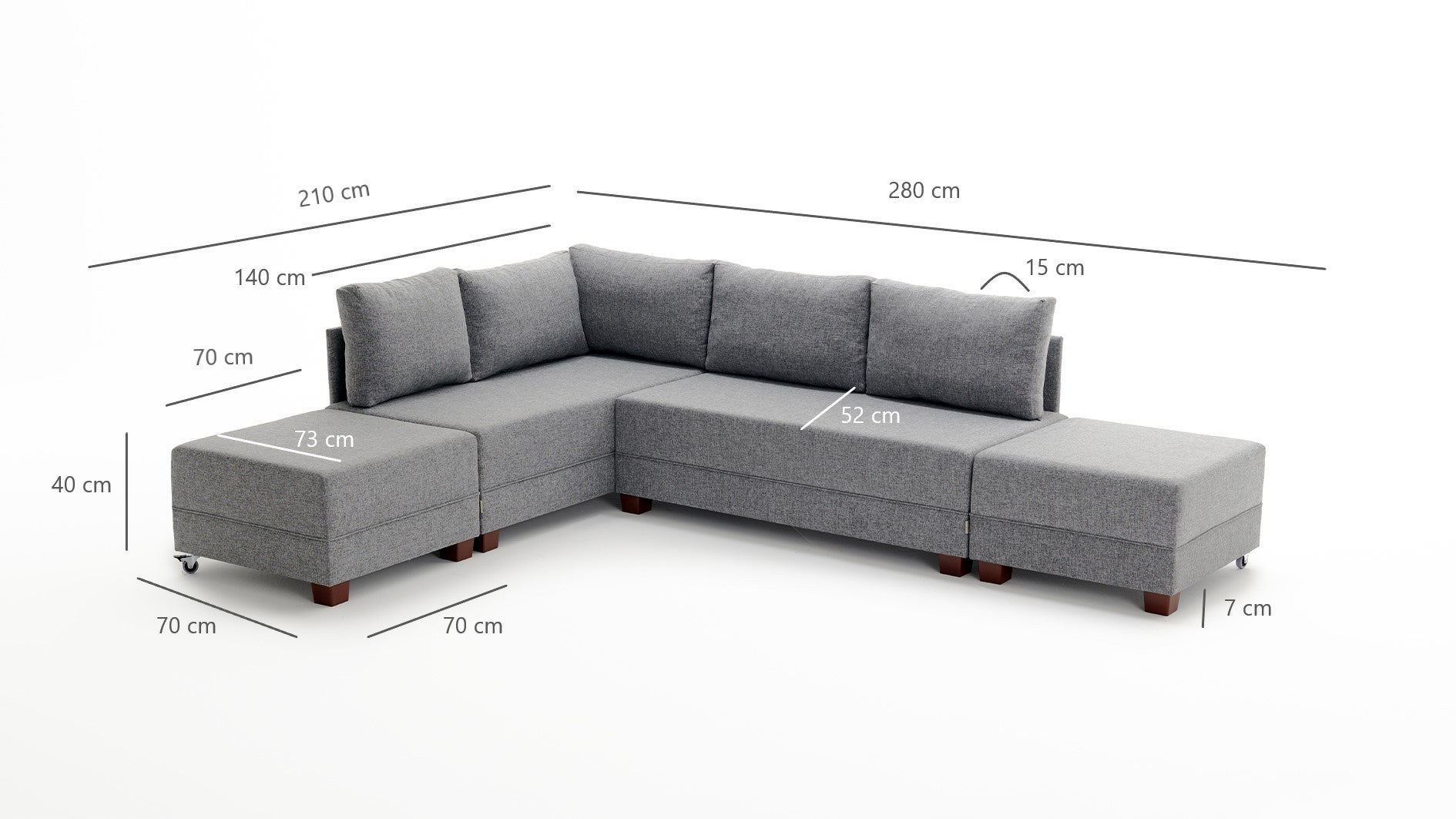 Sofá-cama de canto moderno, azul, 210 x 280 cm | Estrutura de madeira e painel de partículas revestido de melamina | Tecido 100% algodão e poliéster | Design escandinavo elegante
