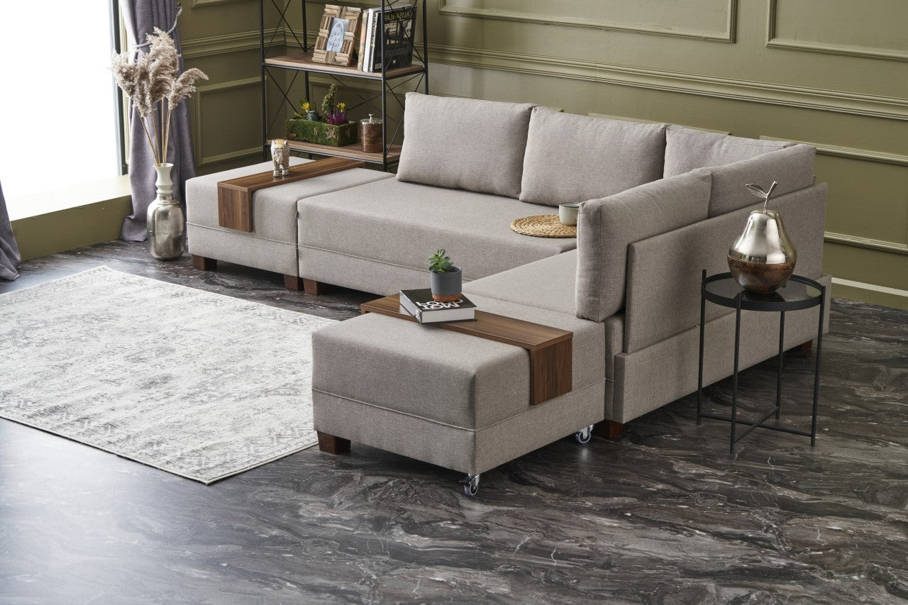Sofá-cama de canto moderno em tom creme, 210 cm | Estrutura de madeira e revestimento em melamina, tecido 100% algodão/poliéster | Espuma DNS 32, design elegante e funcional