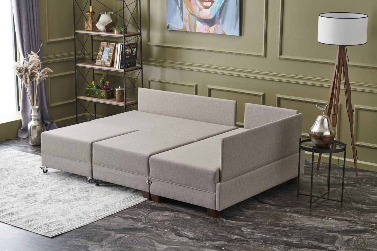 Sofá-cama de canto moderno em tom creme, 210 cm | Estrutura de madeira e revestimento em melamina, tecido 100% algodão/poliéster | Espuma DNS 32, design elegante e funcional