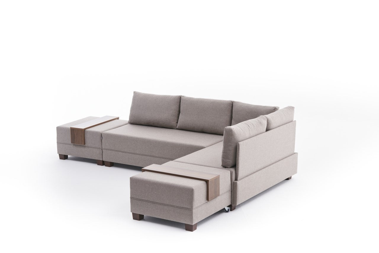 Sofá-cama de canto moderno em tom creme, 210 cm | Estrutura de madeira e revestimento em melamina, tecido 100% algodão/poliéster | Espuma DNS 32, design elegante e funcional