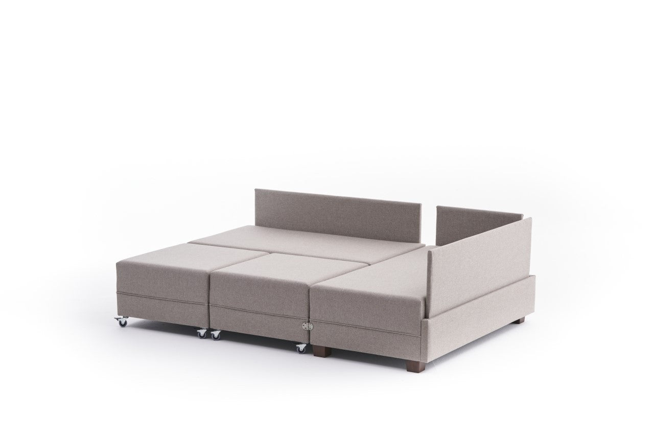 Sofá-cama de canto moderno em tom creme, 210 cm | Estrutura de madeira e revestimento em melamina, tecido 100% algodão/poliéster | Espuma DNS 32, design elegante e funcional